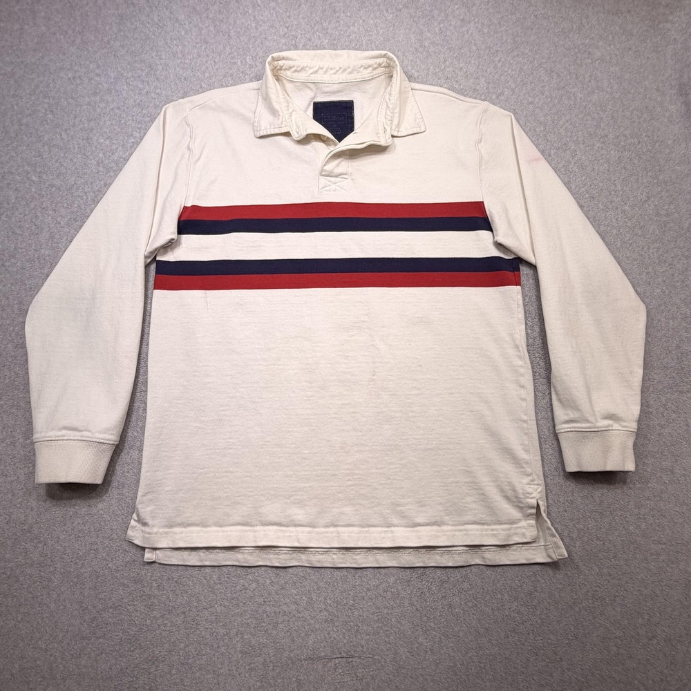 LL Bean Rugby Shirt Mens Medium White Stripe Long Sleeve Cotton Knit Polo